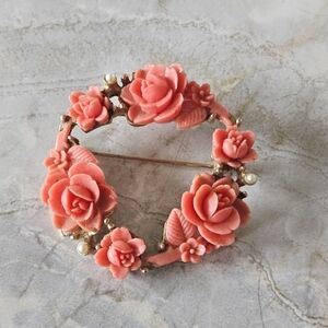 Vintage Coral and Pearl Brooch